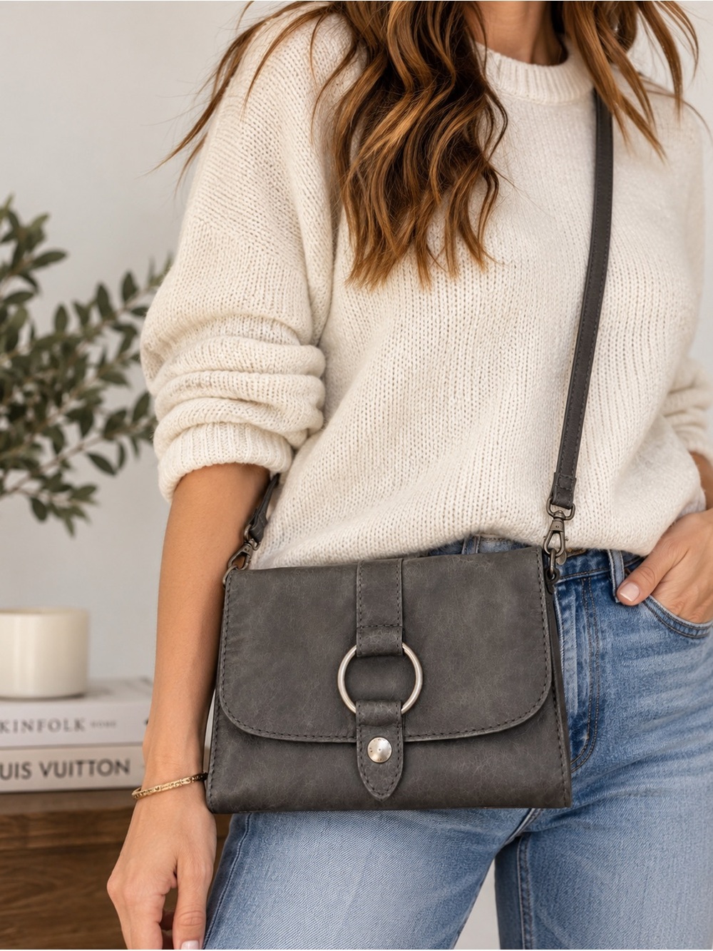 Frye Melissa Gray Leather Foldover Crossbody‎ Bag Ring Hardware
